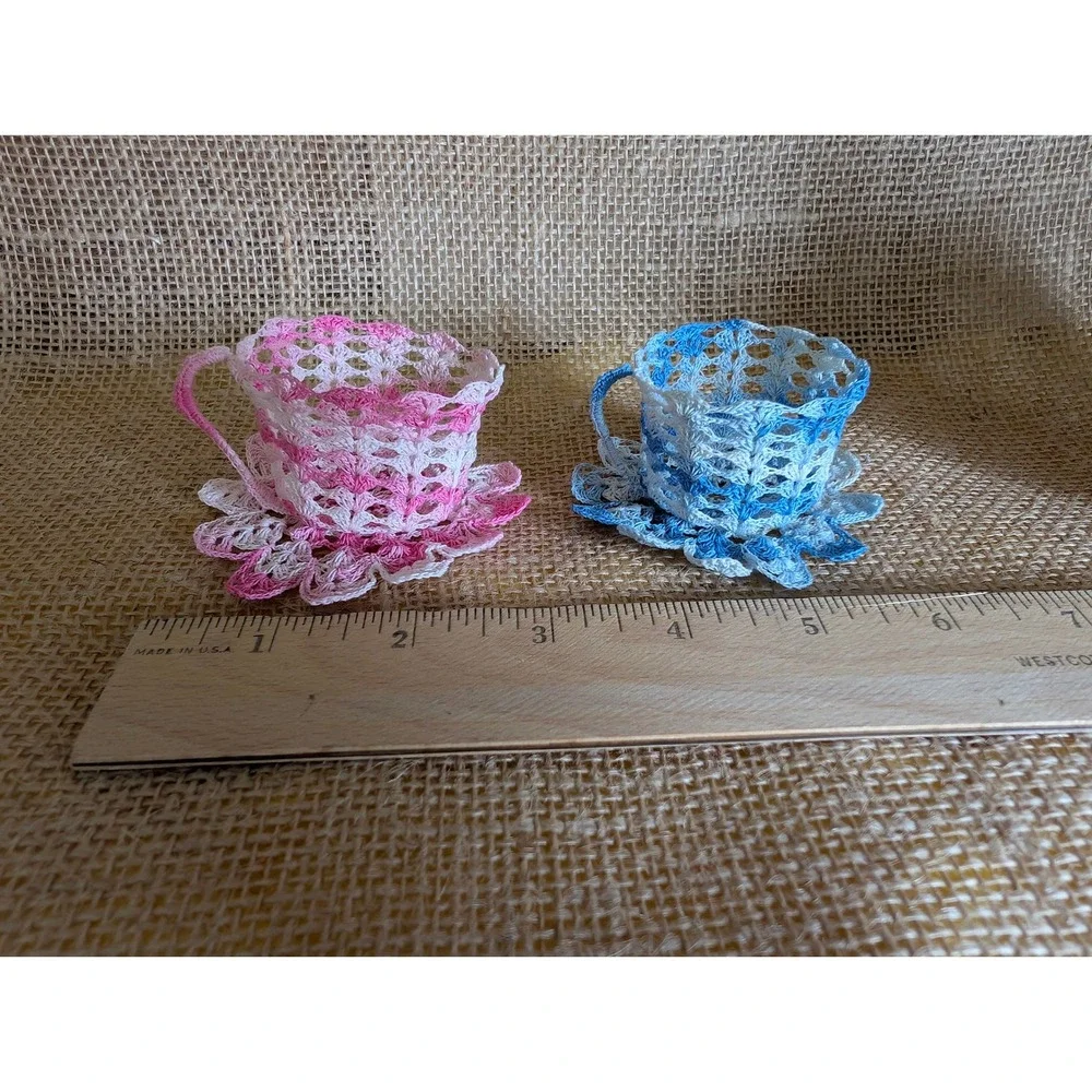 Handmade Stiffened Crochet Doily Tea Set Teapot Teacups Saucers Pink Blue White